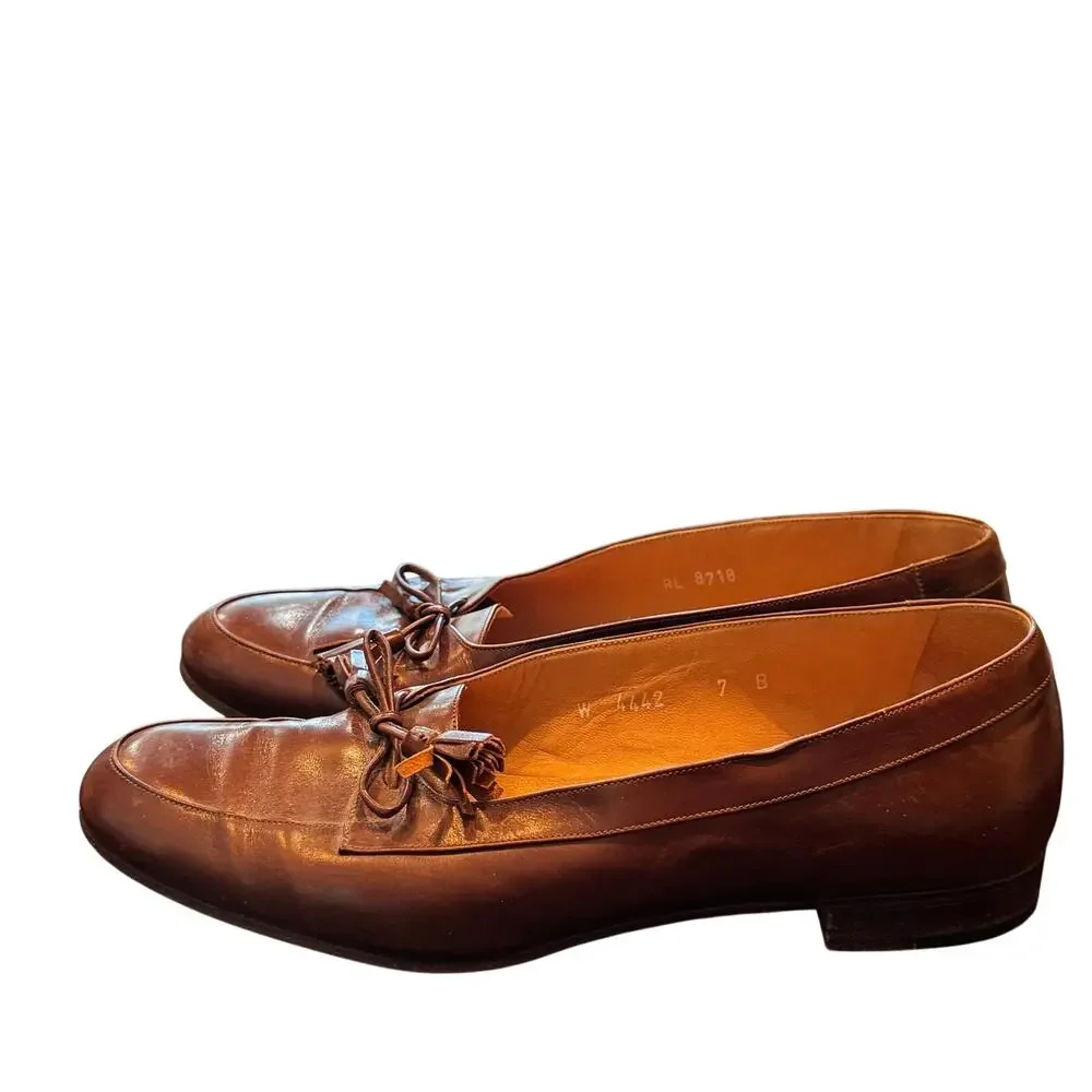 Ralph Lauren Made in Italy Brown Leather Tassel Slip On Loafers Shoes Women's 7